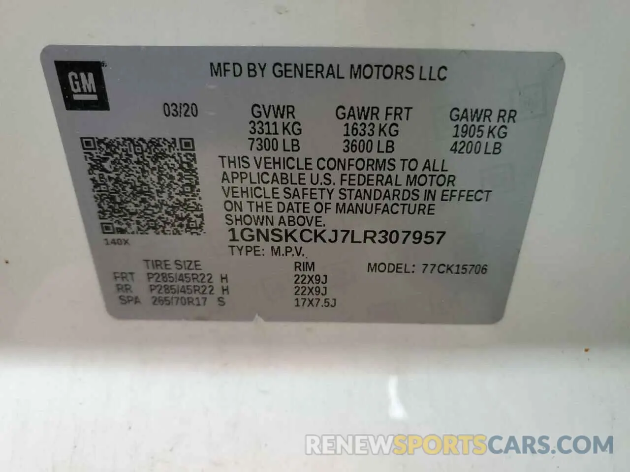 15 Photograph of a damaged car 1GNSKCKJ7LR307957 CHEVROLET TAHOE 2020