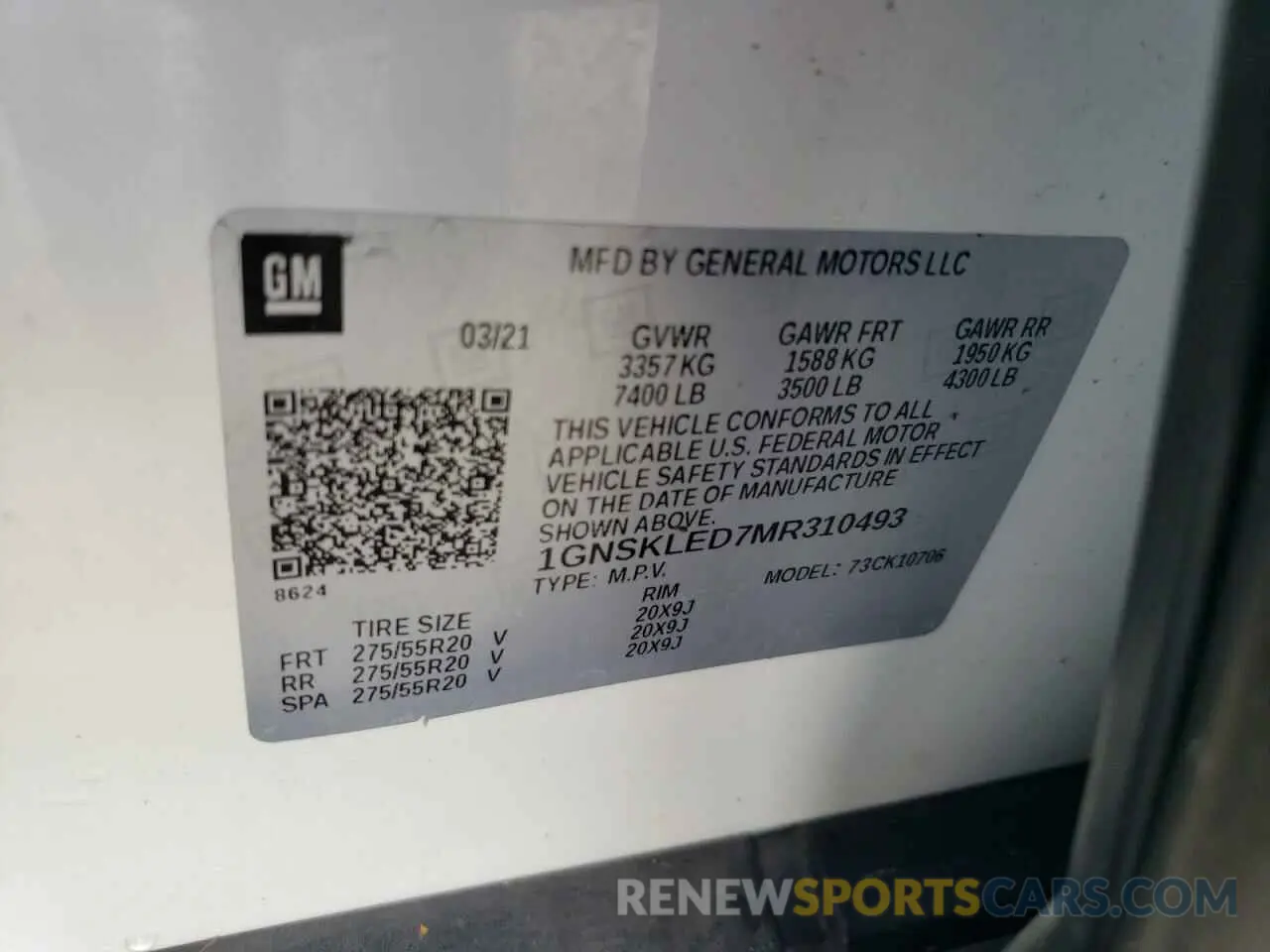 14 Photograph of a damaged car 1GNSKLED7MR310493 CHEVROLET TAHOE 2021