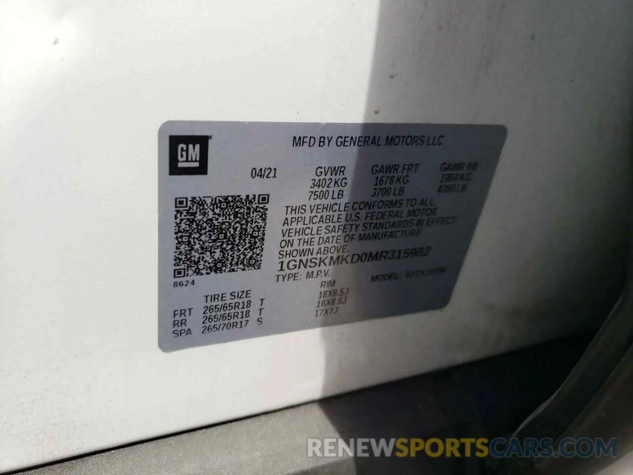 15 Photograph of a damaged car 1GNSKMKD0MR315982 CHEVROLET TAHOE 2021