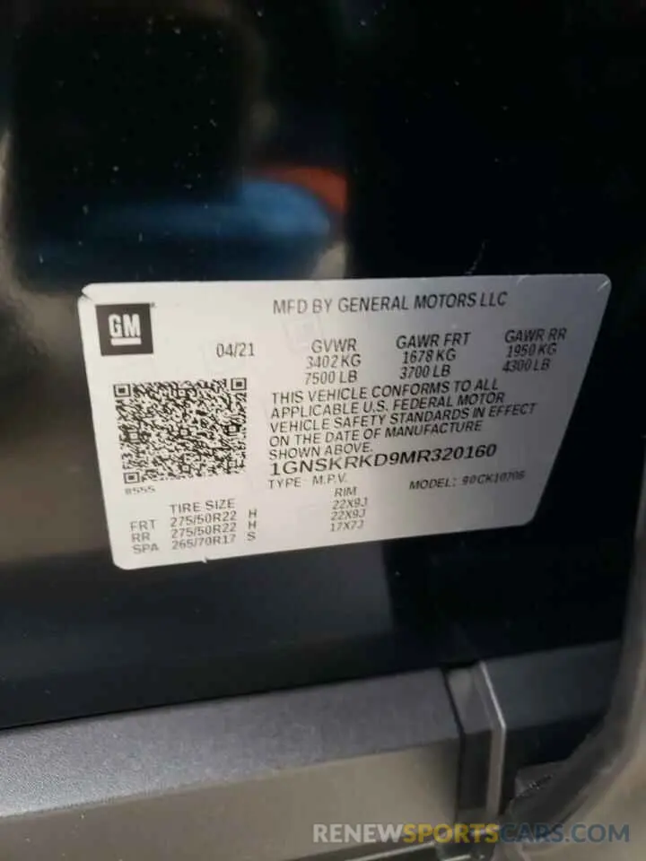 13 Photograph of a damaged car 1GNSKRKD9MR320160 CHEVROLET TAHOE 2021