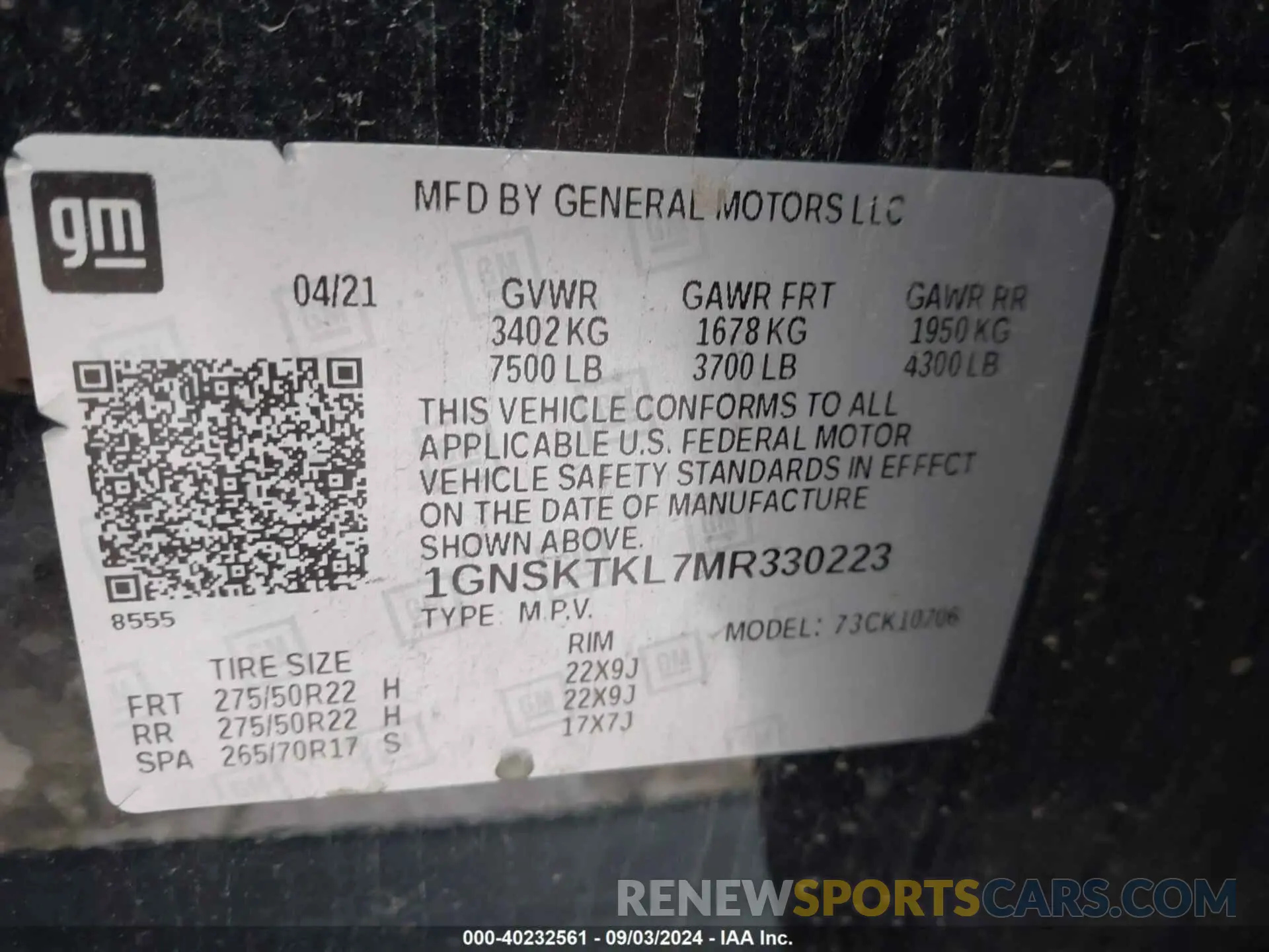 9 Photograph of a damaged car 1GNSKTKL7MR330223 CHEVROLET TAHOE 2021