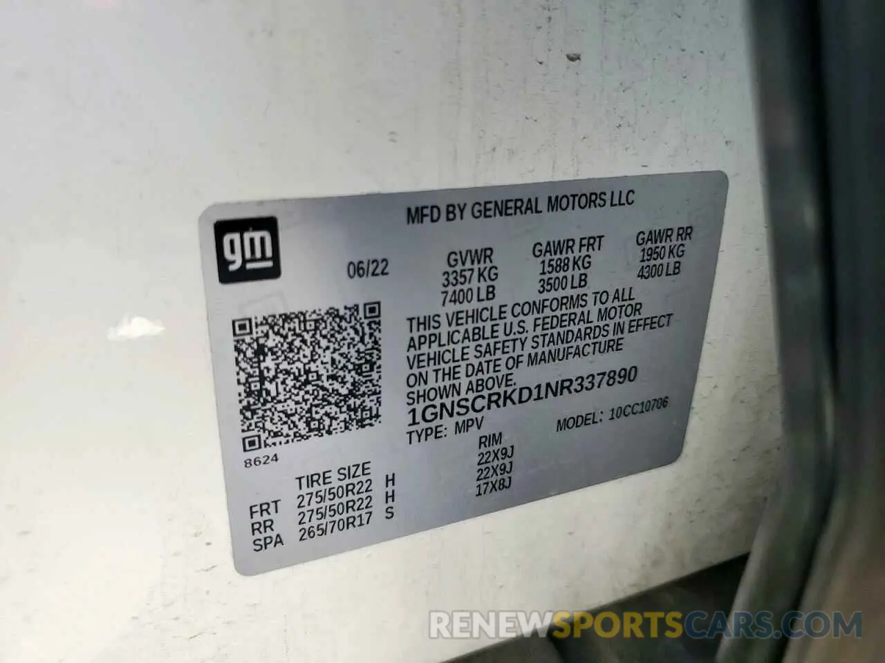14 Photograph of a damaged car 1GNSCRKD1NR337890 CHEVROLET TAHOE 2022