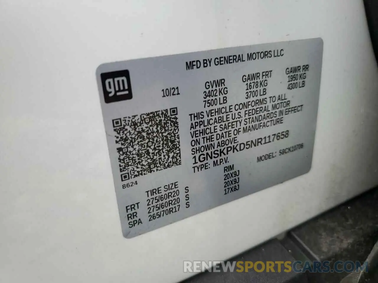 13 Photograph of a damaged car 1GNSKPKD5NR117658 CHEVROLET TAHOE 2022