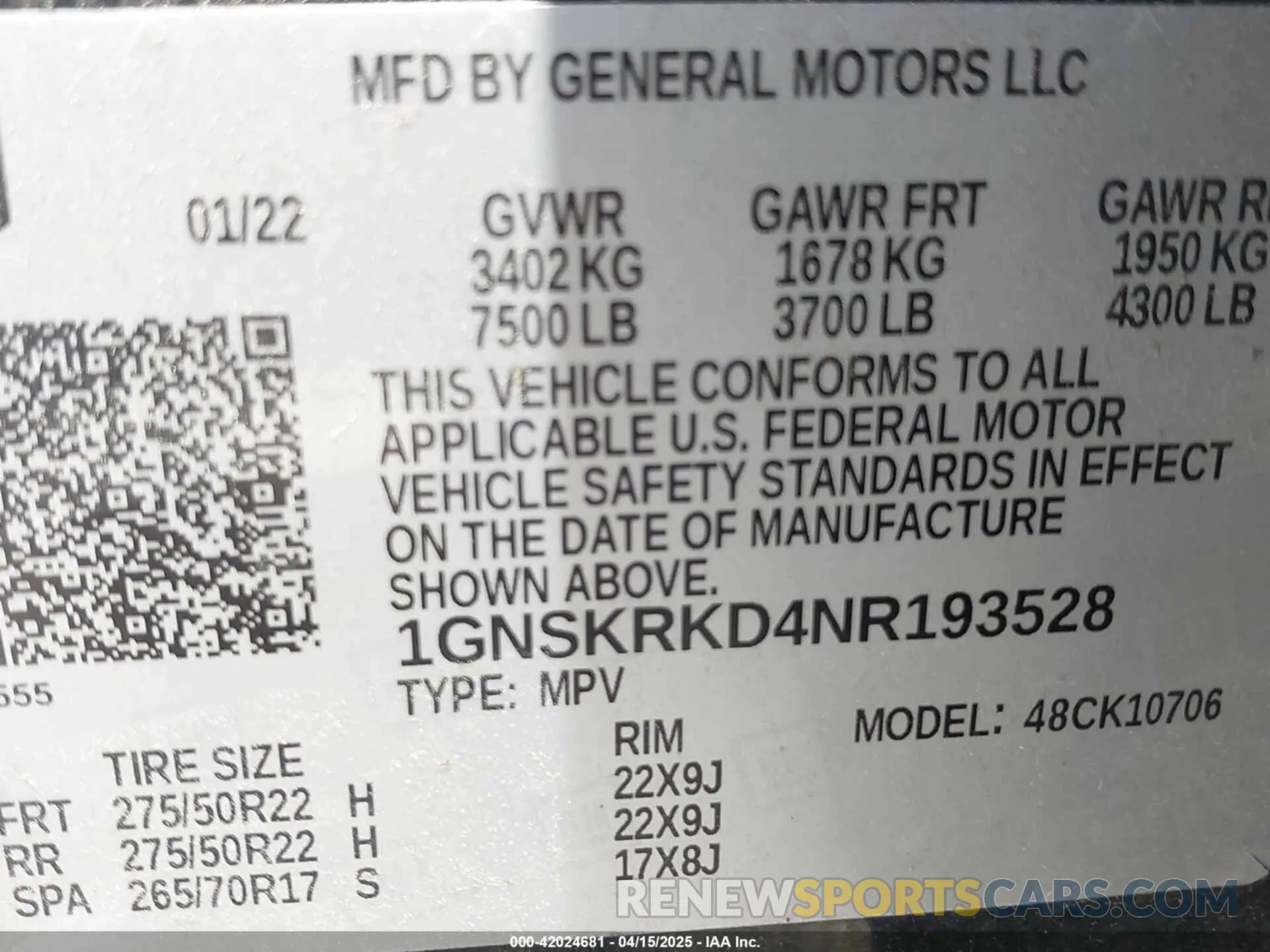 9 Photograph of a damaged car 1GNSKRKD4NR193528 CHEVROLET TAHOE 2022