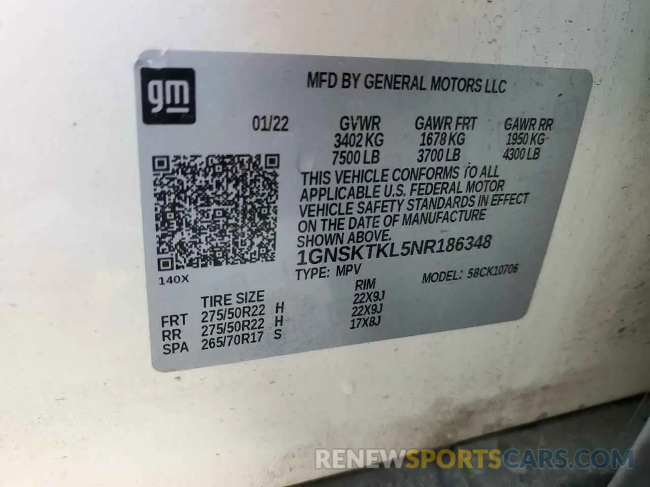 14 Photograph of a damaged car 1GNSKTKL5NR186348 CHEVROLET TAHOE 2022