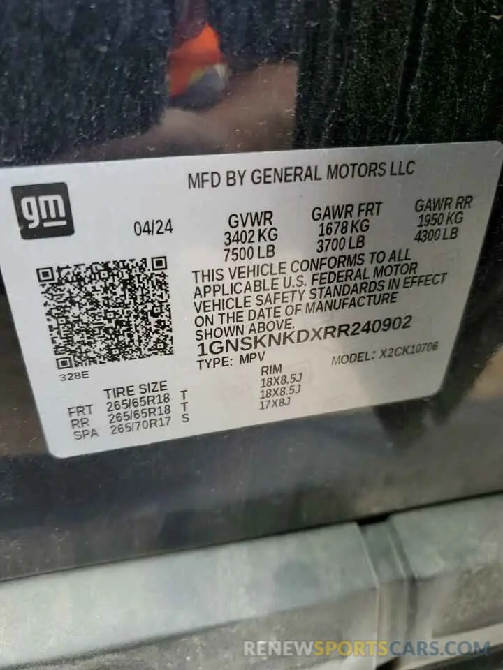 14 Photograph of a damaged car 1GNSKNKDXRR240902 CHEVROLET TAHOE 2024