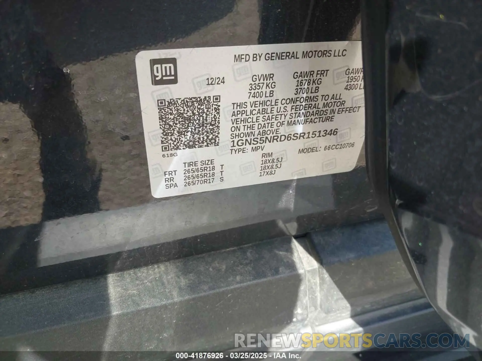 9 Photograph of a damaged car 1GNS5NRD6SR151346 CHEVROLET TAHOE 2025