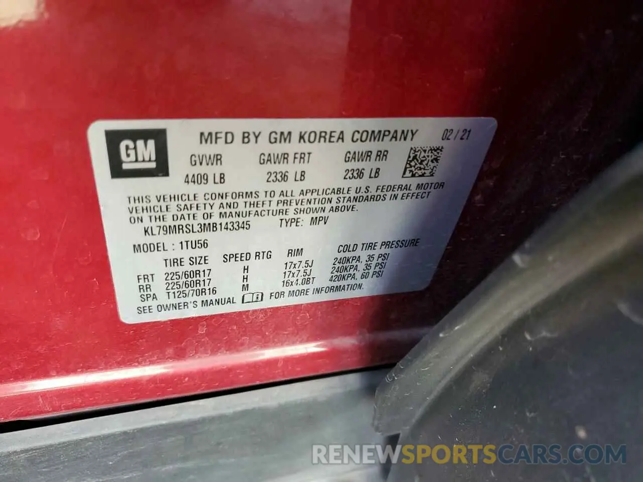 13 Photograph of a damaged car KL79MRSL3MB143345 CHEVROLET TRAILBLZR 2021