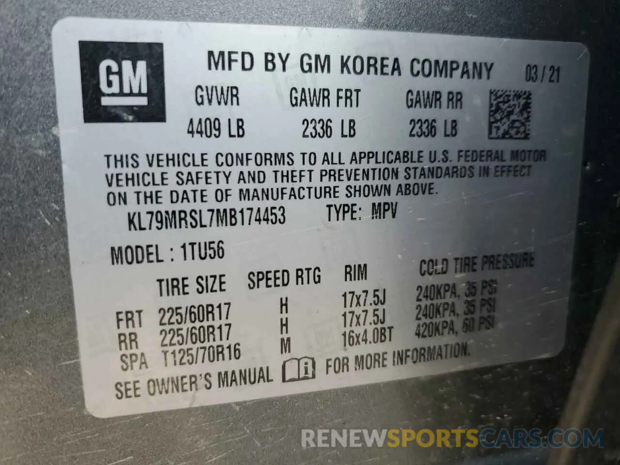 13 Photograph of a damaged car KL79MRSL7MB174453 CHEVROLET TRAILBLZR 2021