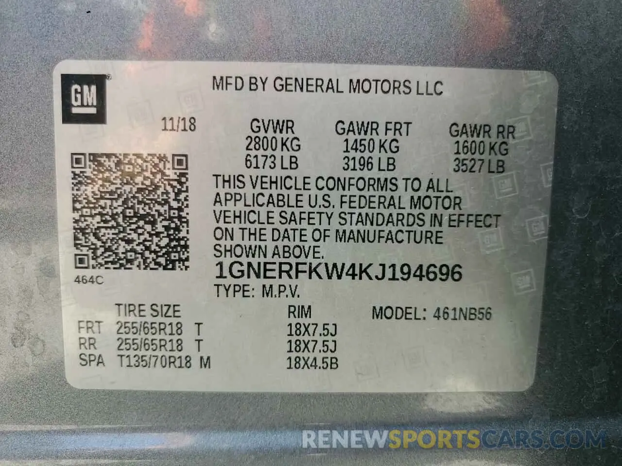 13 Photograph of a damaged car 1GNERFKW4KJ194696 CHEVROLET TRAVERSE 2019