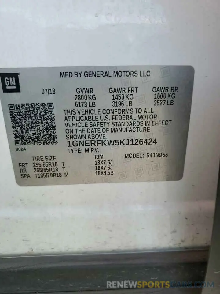 14 Photograph of a damaged car 1GNERFKW5KJ126424 CHEVROLET TRAVERSE 2019