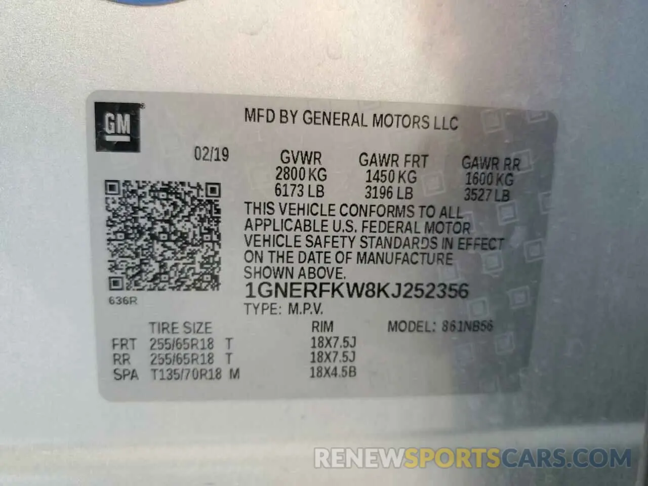 13 Photograph of a damaged car 1GNERFKW8KJ252356 CHEVROLET TRAVERSE 2019
