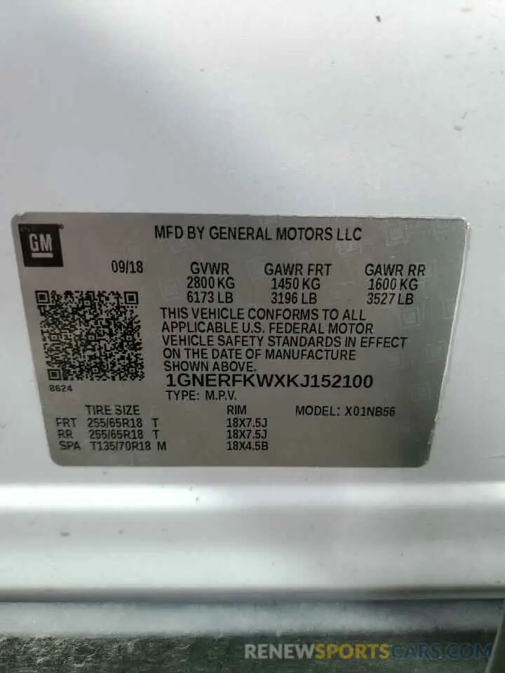 14 Photograph of a damaged car 1GNERFKWXKJ152100 CHEVROLET TRAVERSE 2019