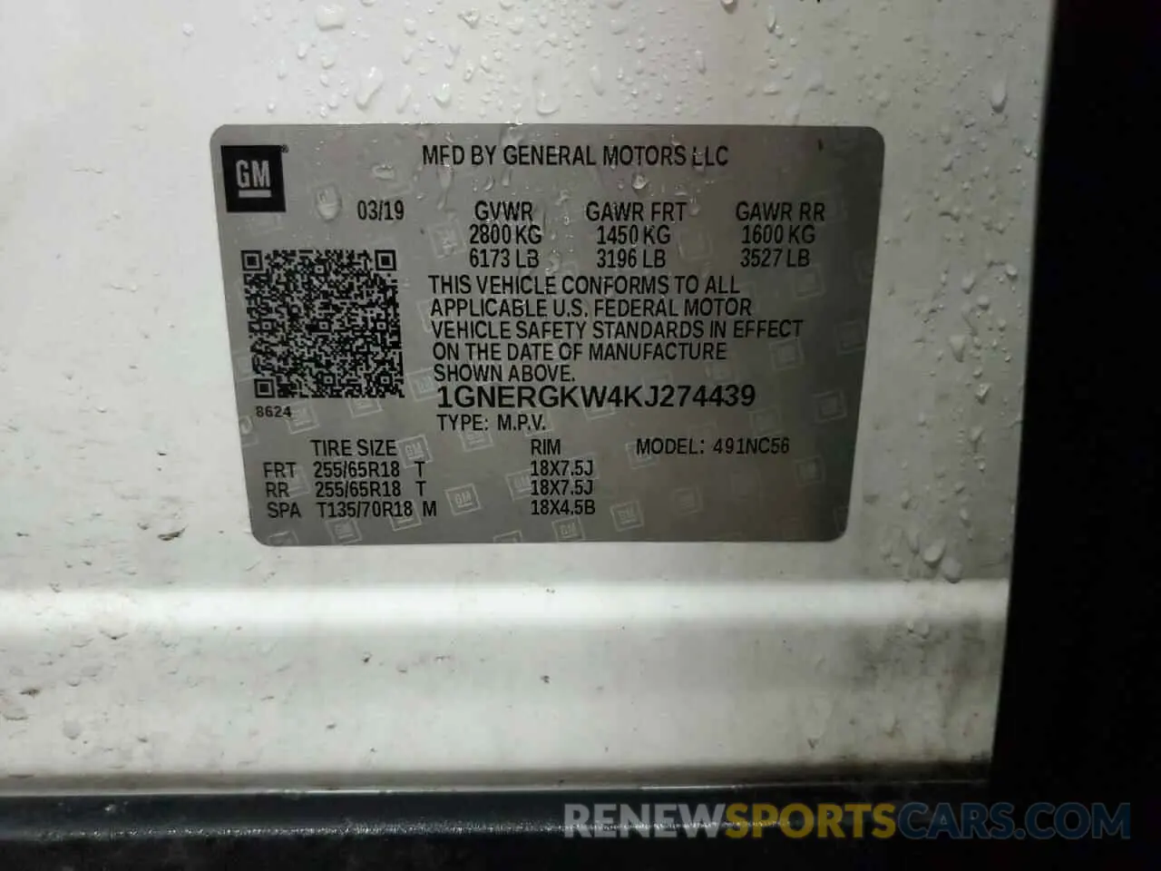 13 Photograph of a damaged car 1GNERGKW4KJ274439 CHEVROLET TRAVERSE 2019