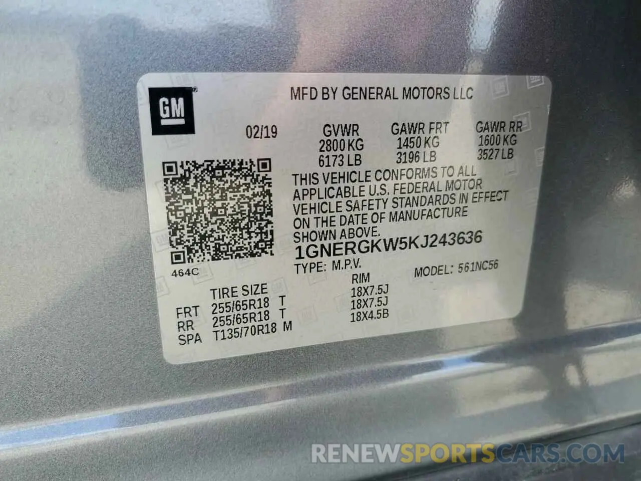 13 Photograph of a damaged car 1GNERGKW5KJ243636 CHEVROLET TRAVERSE 2019