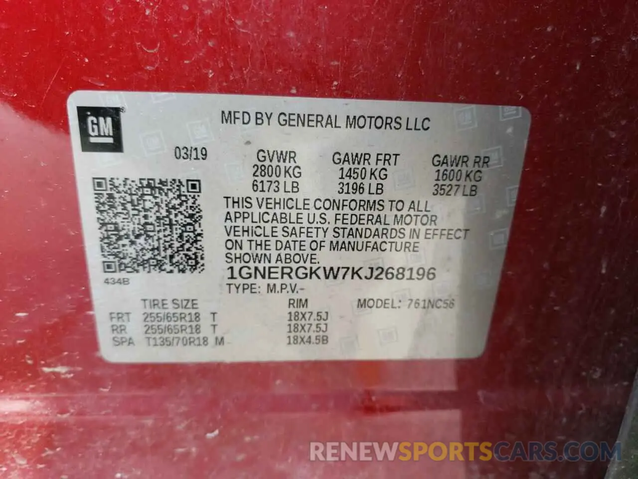 13 Photograph of a damaged car 1GNERGKW7KJ268196 CHEVROLET TRAVERSE 2019