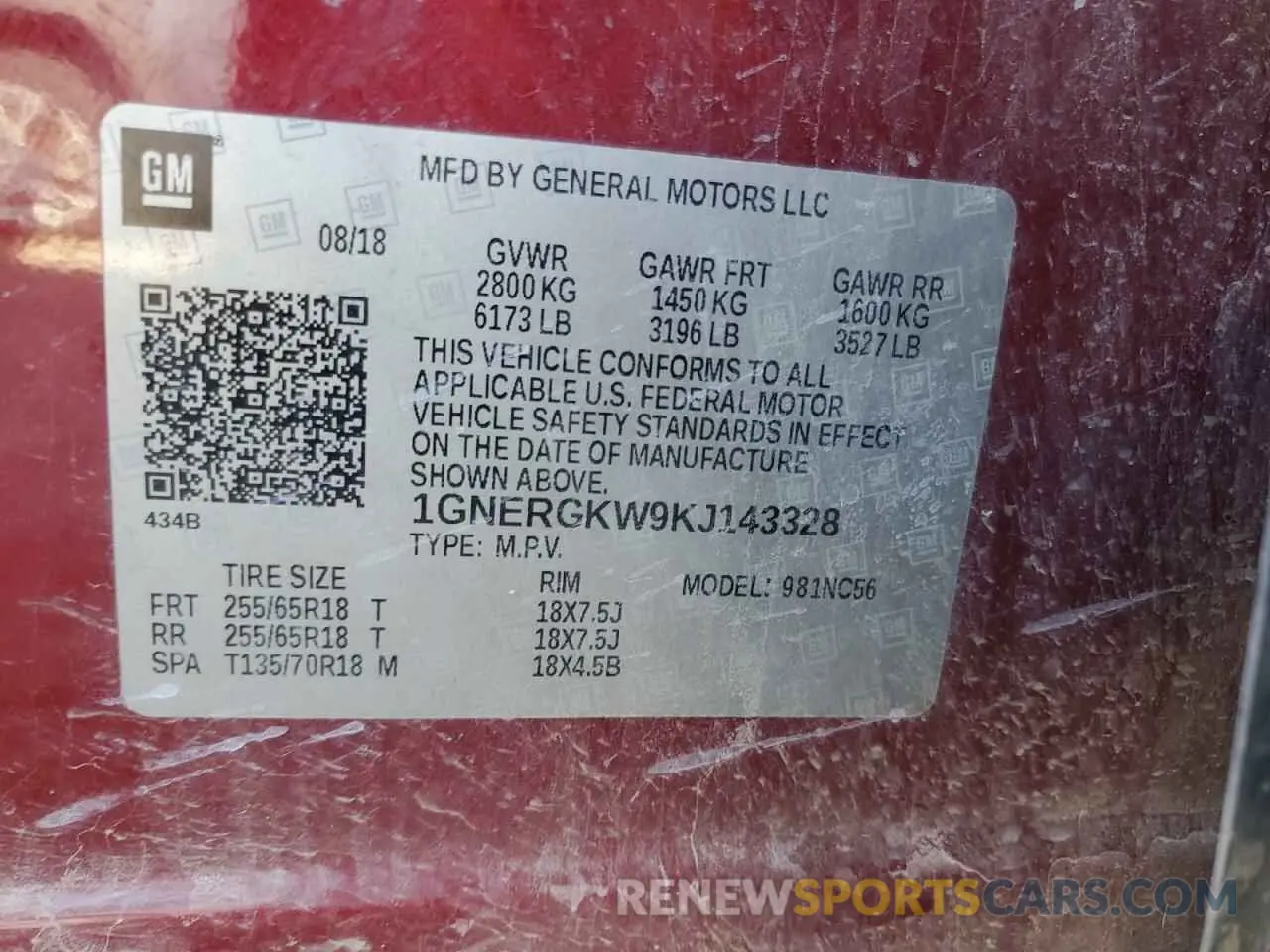 13 Photograph of a damaged car 1GNERGKW9KJ143328 CHEVROLET TRAVERSE 2019