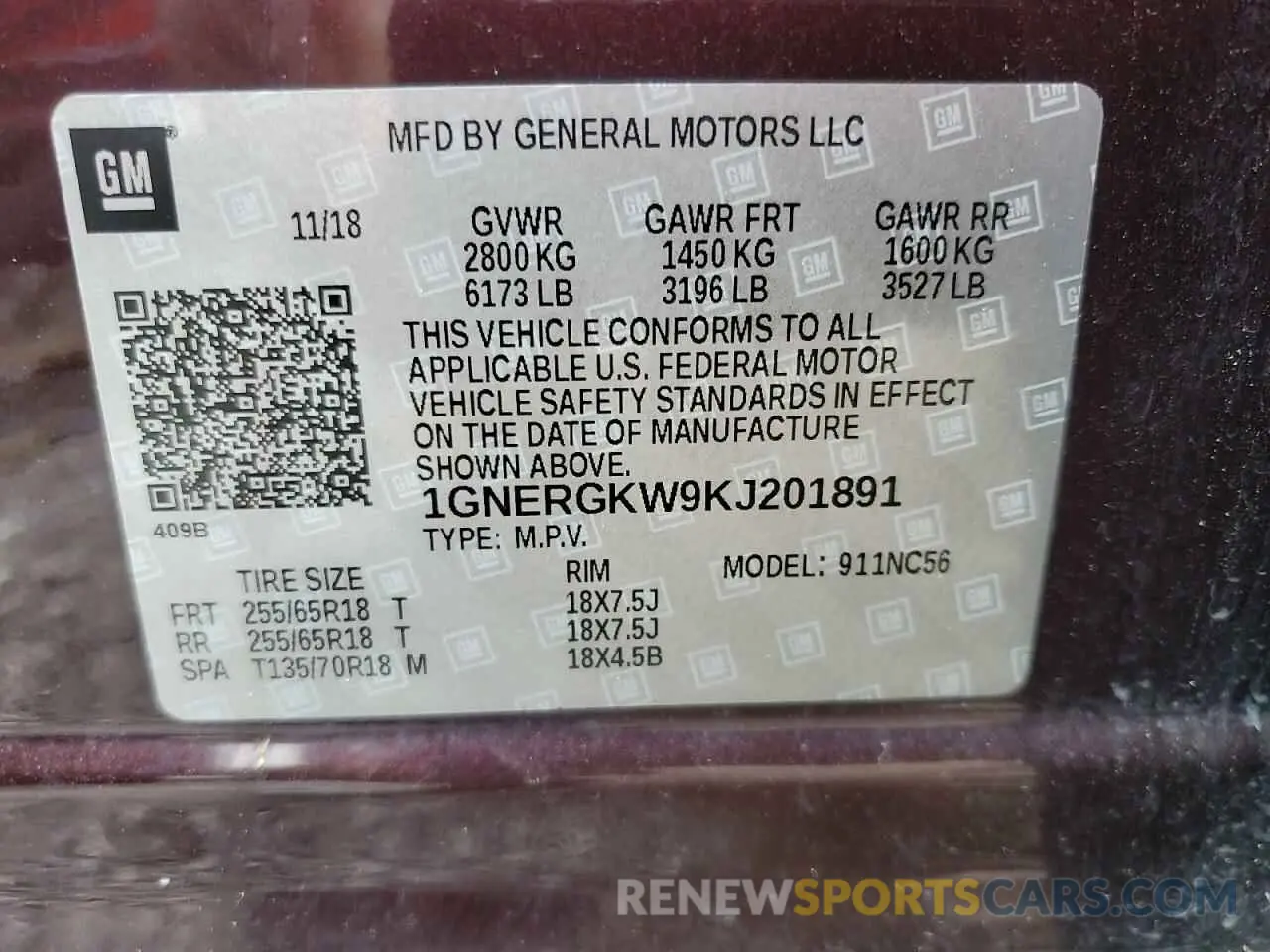 13 Photograph of a damaged car 1GNERGKW9KJ201891 CHEVROLET TRAVERSE 2019