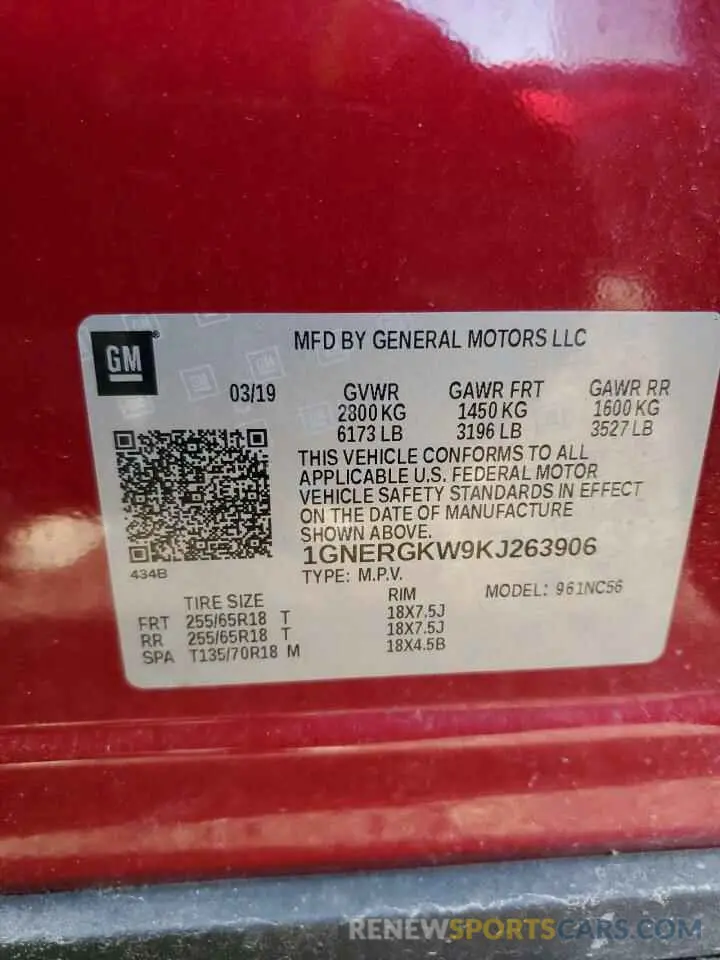 13 Photograph of a damaged car 1GNERGKW9KJ263906 CHEVROLET TRAVERSE 2019