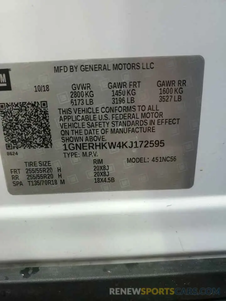 12 Photograph of a damaged car 1GNERHKW4KJ172595 CHEVROLET TRAVERSE 2019
