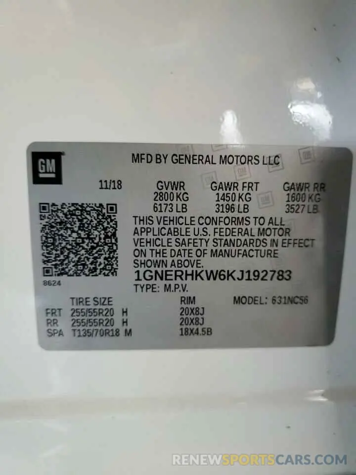 13 Photograph of a damaged car 1GNERHKW6KJ192783 CHEVROLET TRAVERSE 2019
