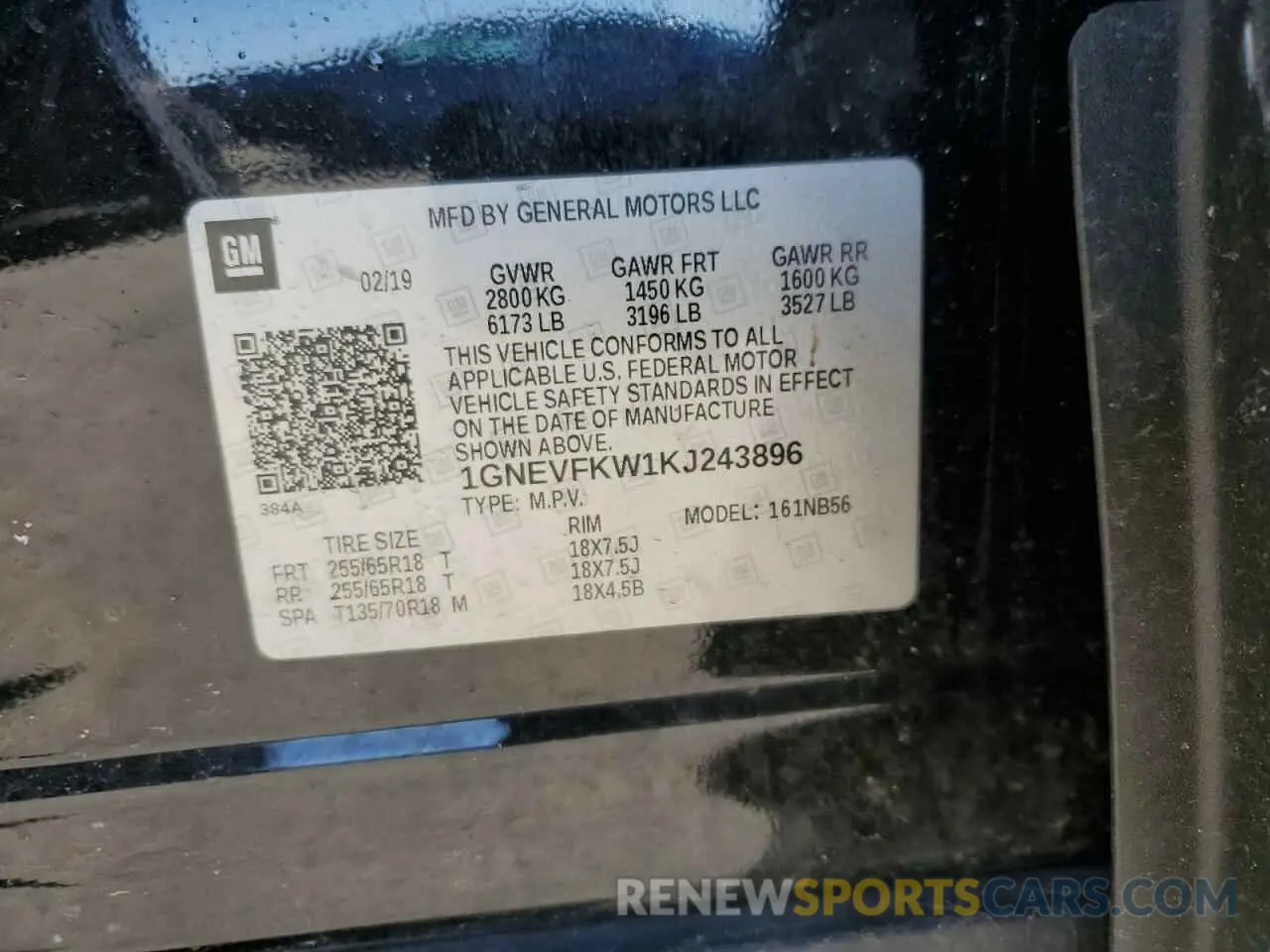 15 Photograph of a damaged car 1GNEVFKW1KJ243896 CHEVROLET TRAVERSE 2019