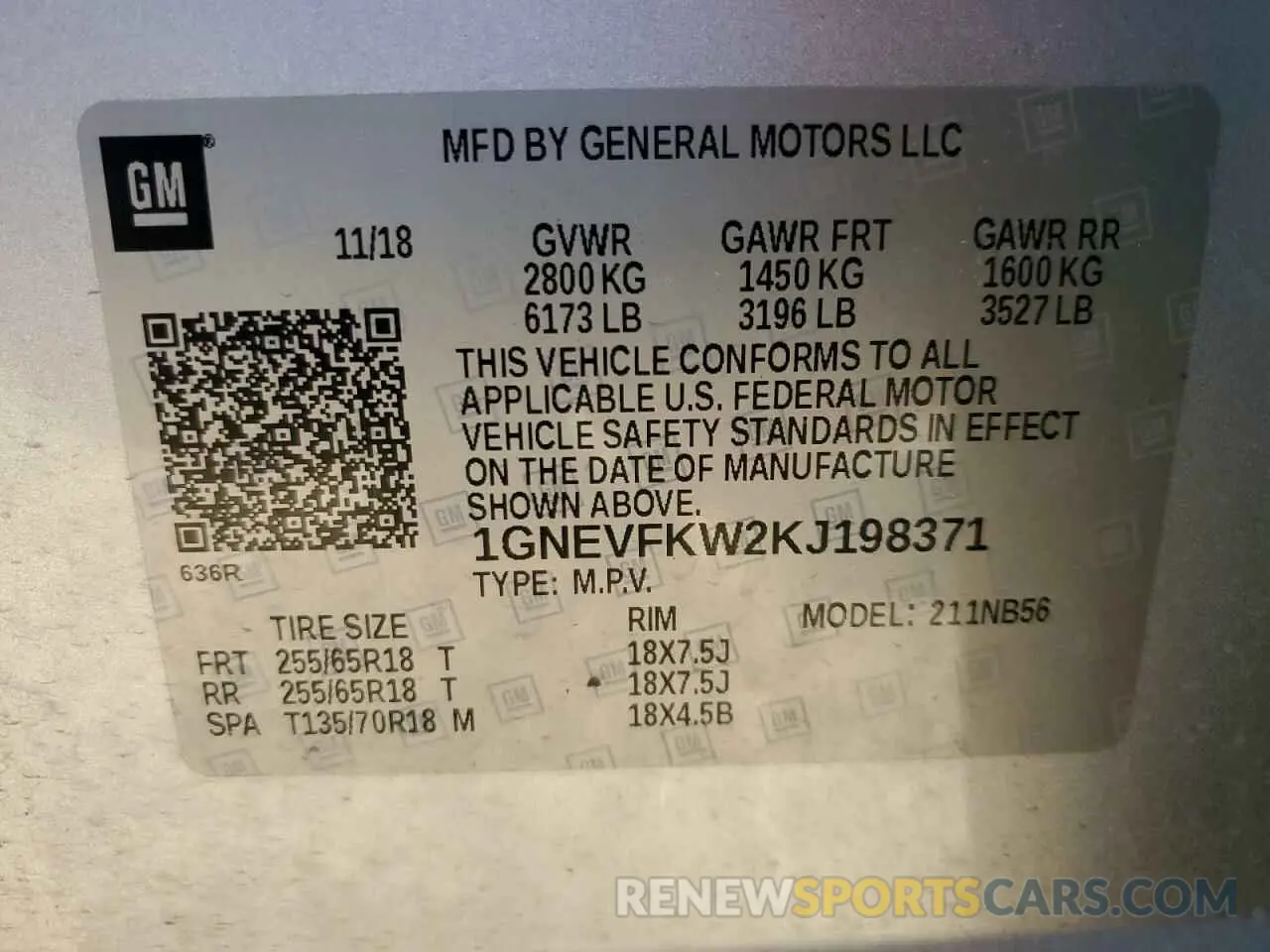 14 Photograph of a damaged car 1GNEVFKW2KJ198371 CHEVROLET TRAVERSE 2019