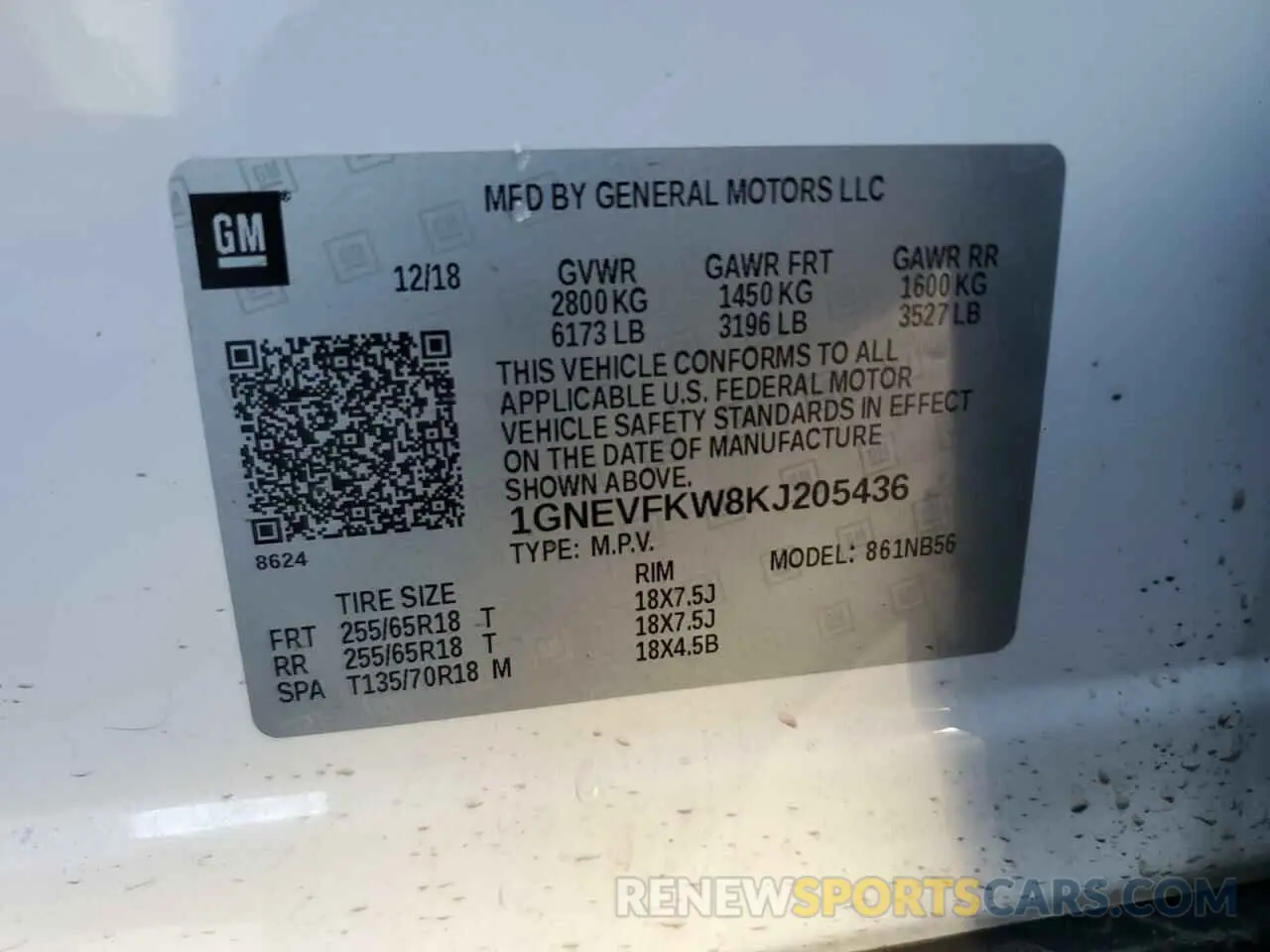 13 Photograph of a damaged car 1GNEVFKW8KJ205436 CHEVROLET TRAVERSE 2019