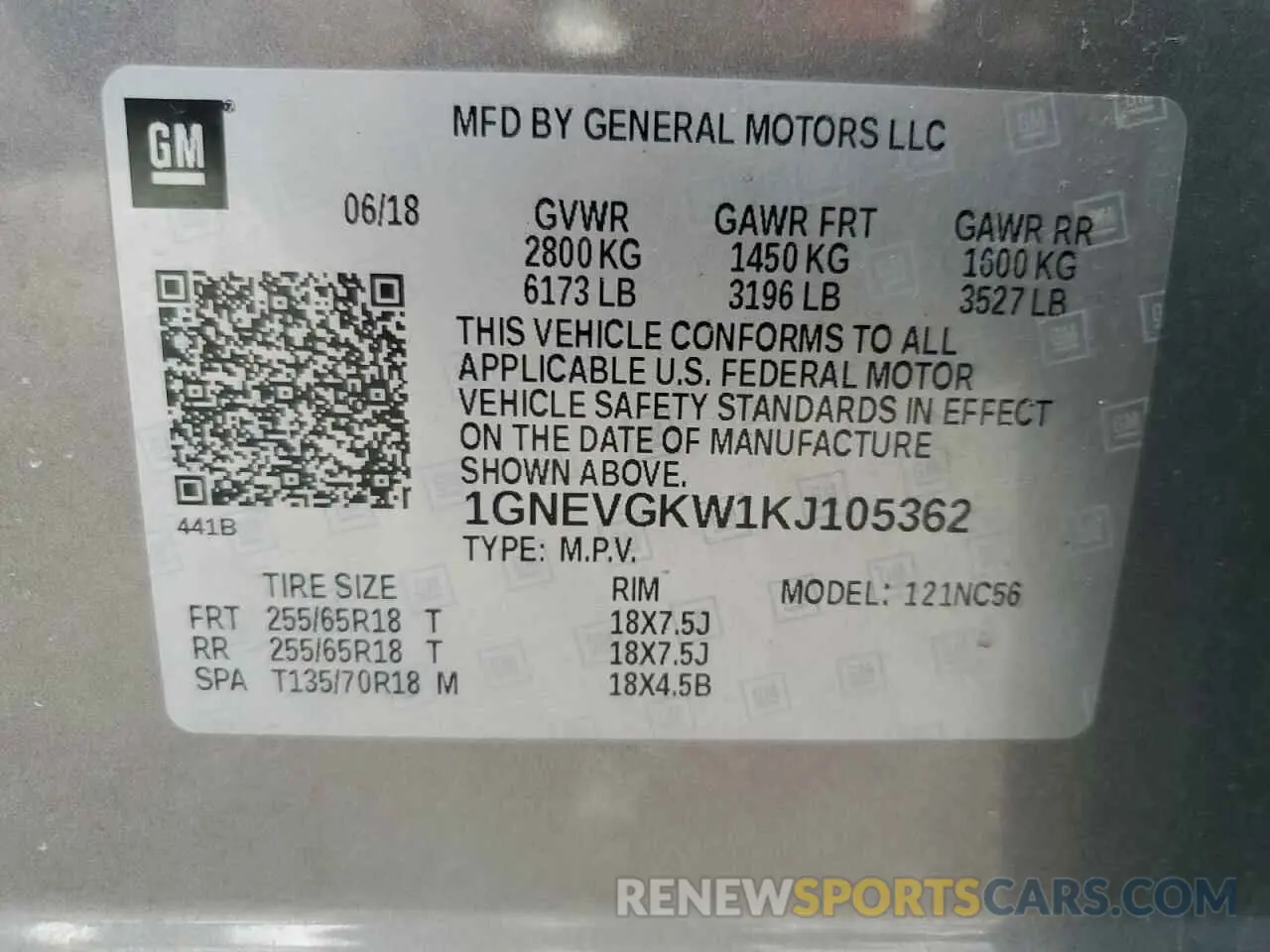 13 Photograph of a damaged car 1GNEVGKW1KJ105362 CHEVROLET TRAVERSE 2019
