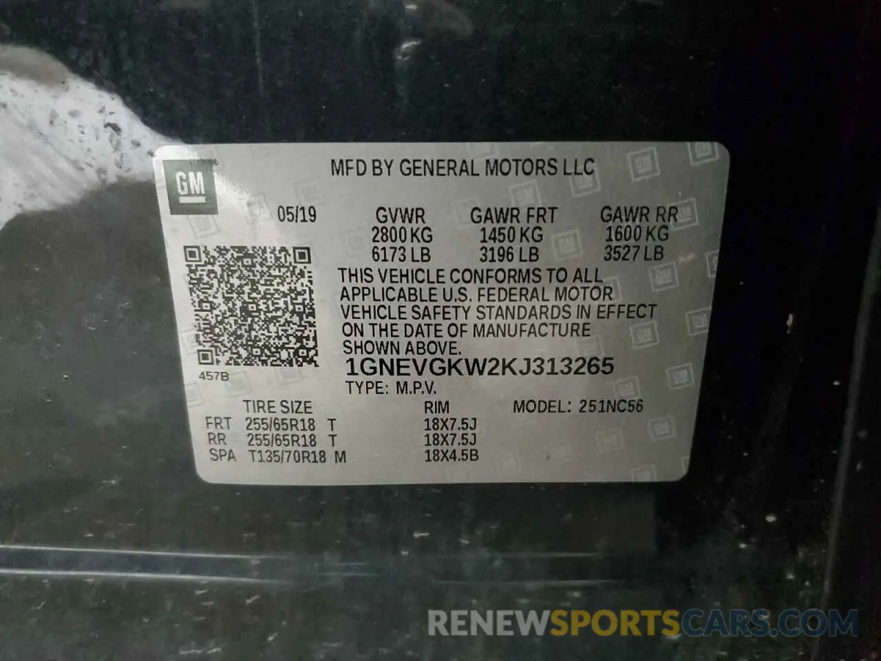 13 Photograph of a damaged car 1GNEVGKW2KJ313265 CHEVROLET TRAVERSE 2019