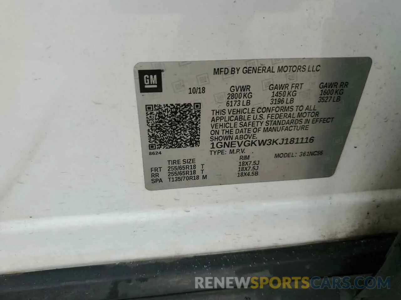 13 Photograph of a damaged car 1GNEVGKW3KJ181116 CHEVROLET TRAVERSE 2019
