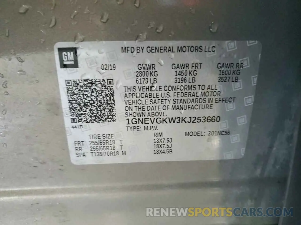 13 Photograph of a damaged car 1GNEVGKW3KJ253660 CHEVROLET TRAVERSE 2019