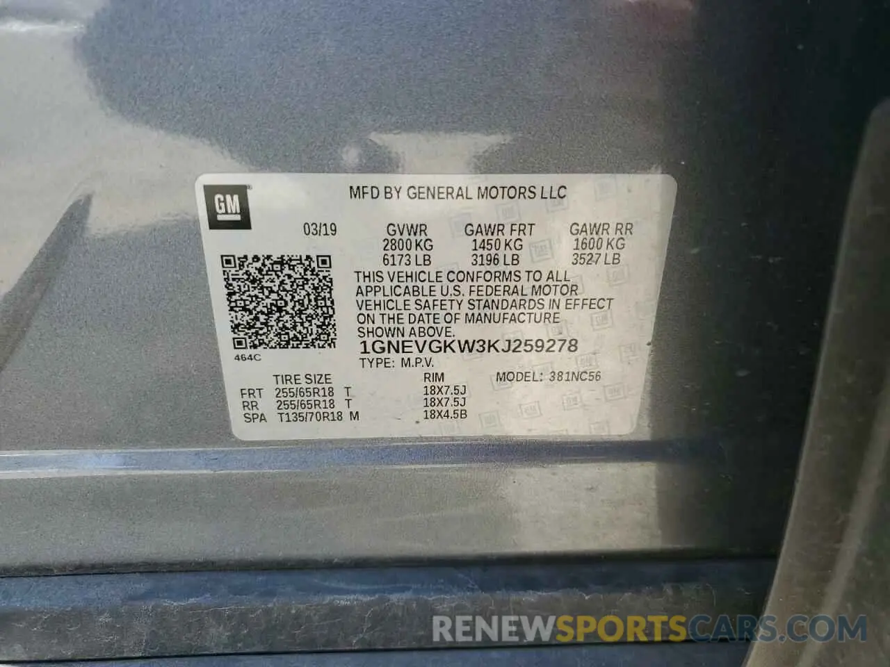 15 Photograph of a damaged car 1GNEVGKW3KJ259278 CHEVROLET TRAVERSE 2019