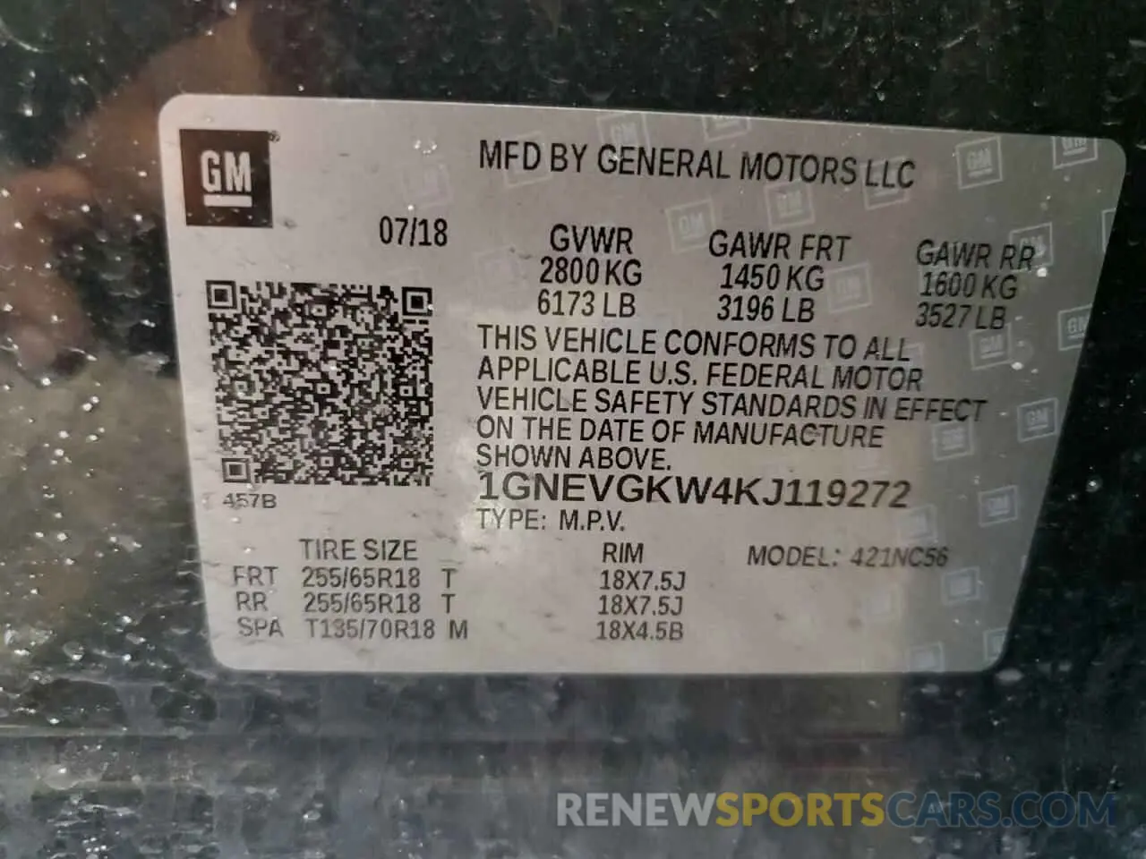 13 Photograph of a damaged car 1GNEVGKW4KJ119272 CHEVROLET TRAVERSE 2019