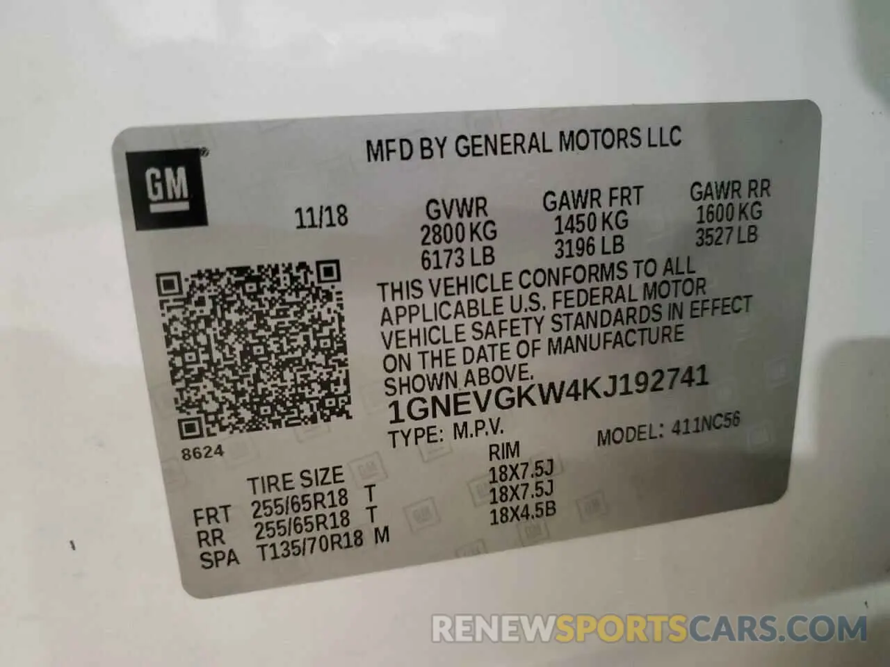 14 Photograph of a damaged car 1GNEVGKW4KJ192741 CHEVROLET TRAVERSE 2019