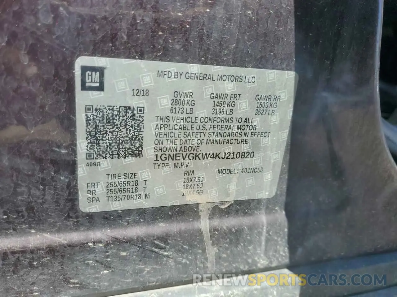 13 Photograph of a damaged car 1GNEVGKW4KJ210820 CHEVROLET TRAVERSE 2019