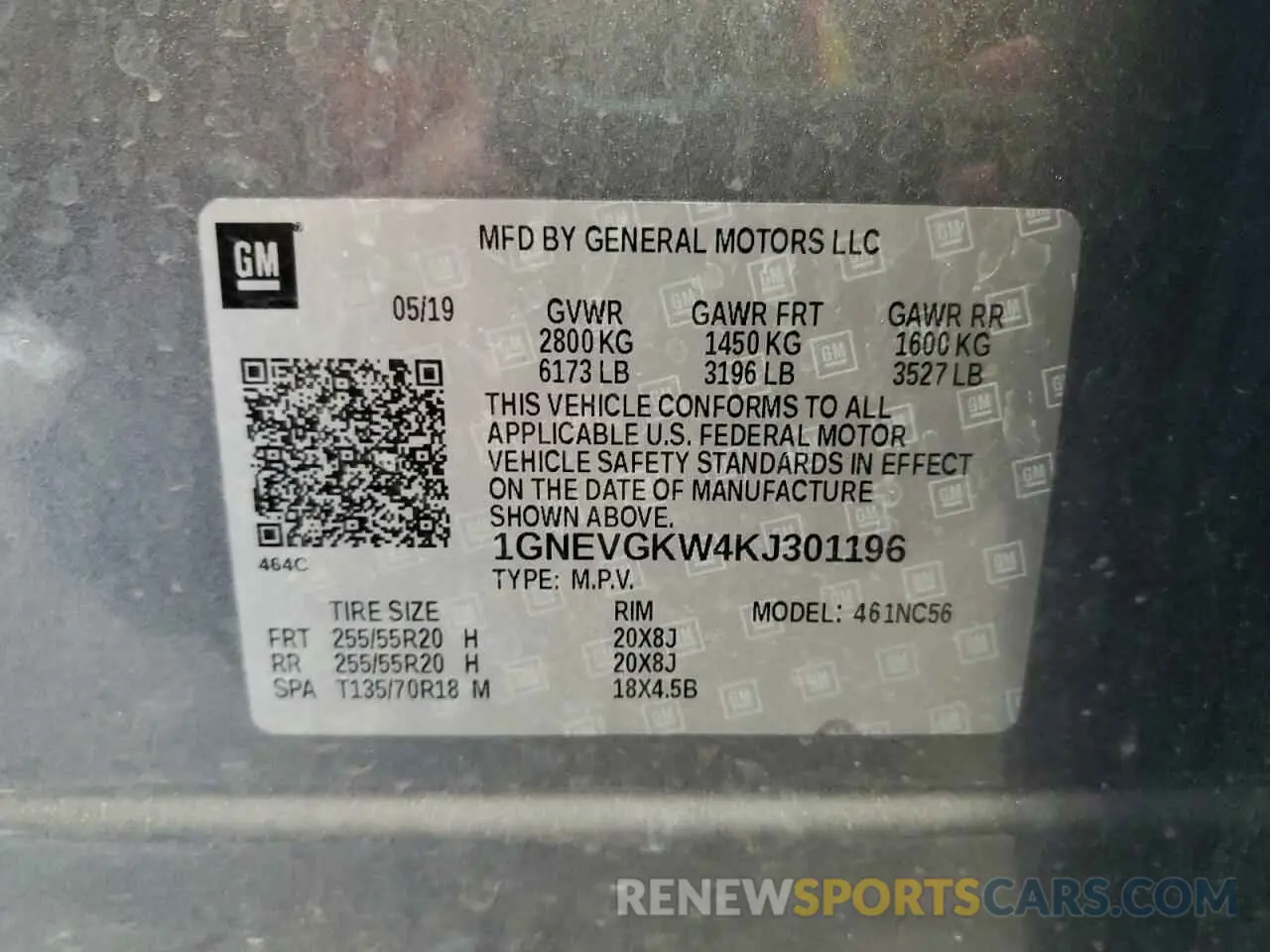 13 Photograph of a damaged car 1GNEVGKW4KJ301196 CHEVROLET TRAVERSE 2019