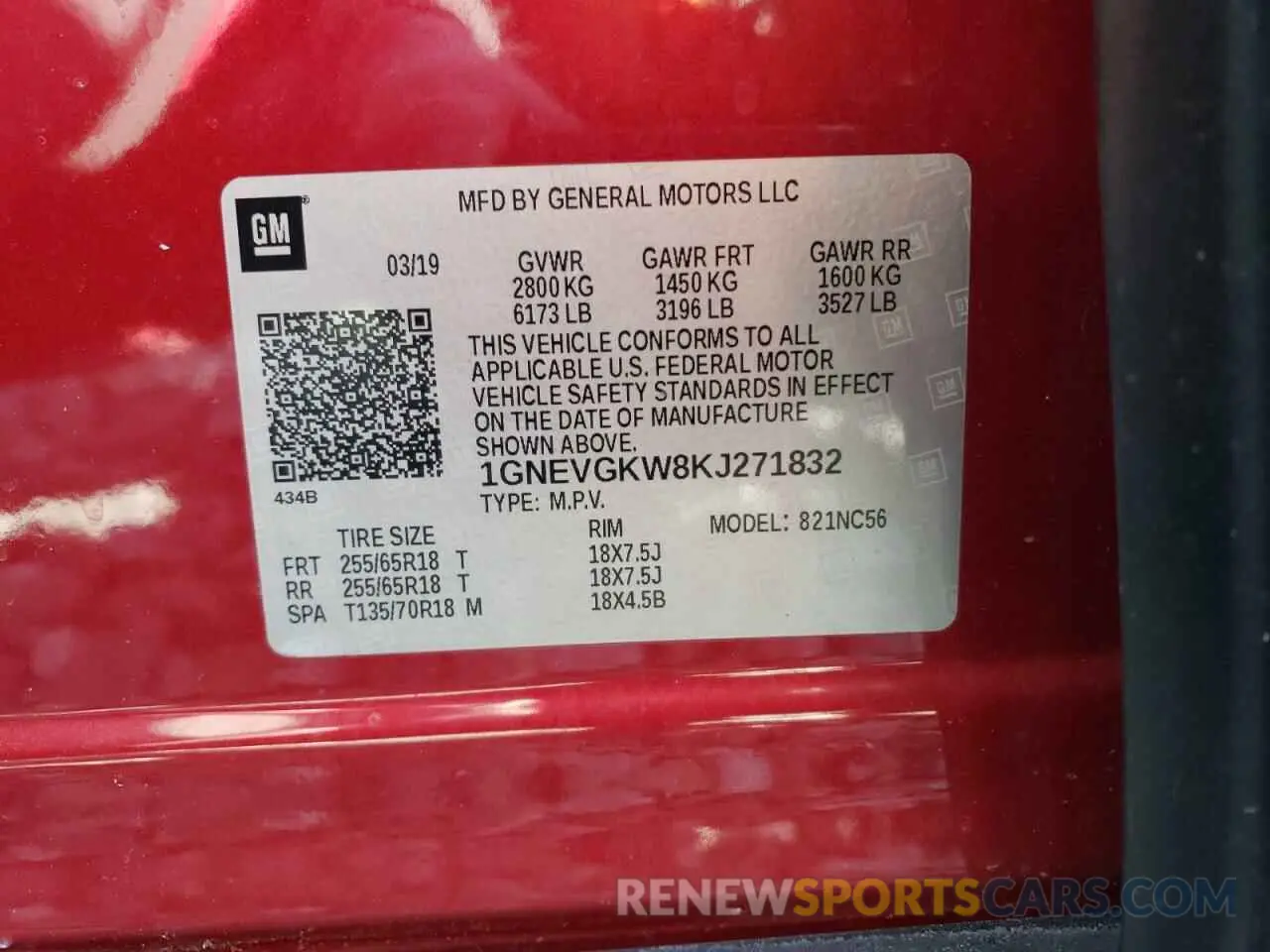 13 Photograph of a damaged car 1GNEVGKW8KJ271832 CHEVROLET TRAVERSE 2019