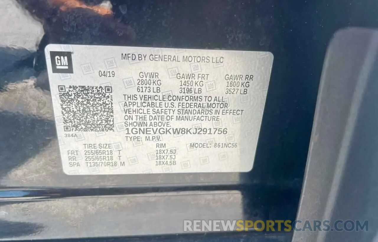 10 Photograph of a damaged car 1GNEVGKW8KJ291756 CHEVROLET TRAVERSE 2019