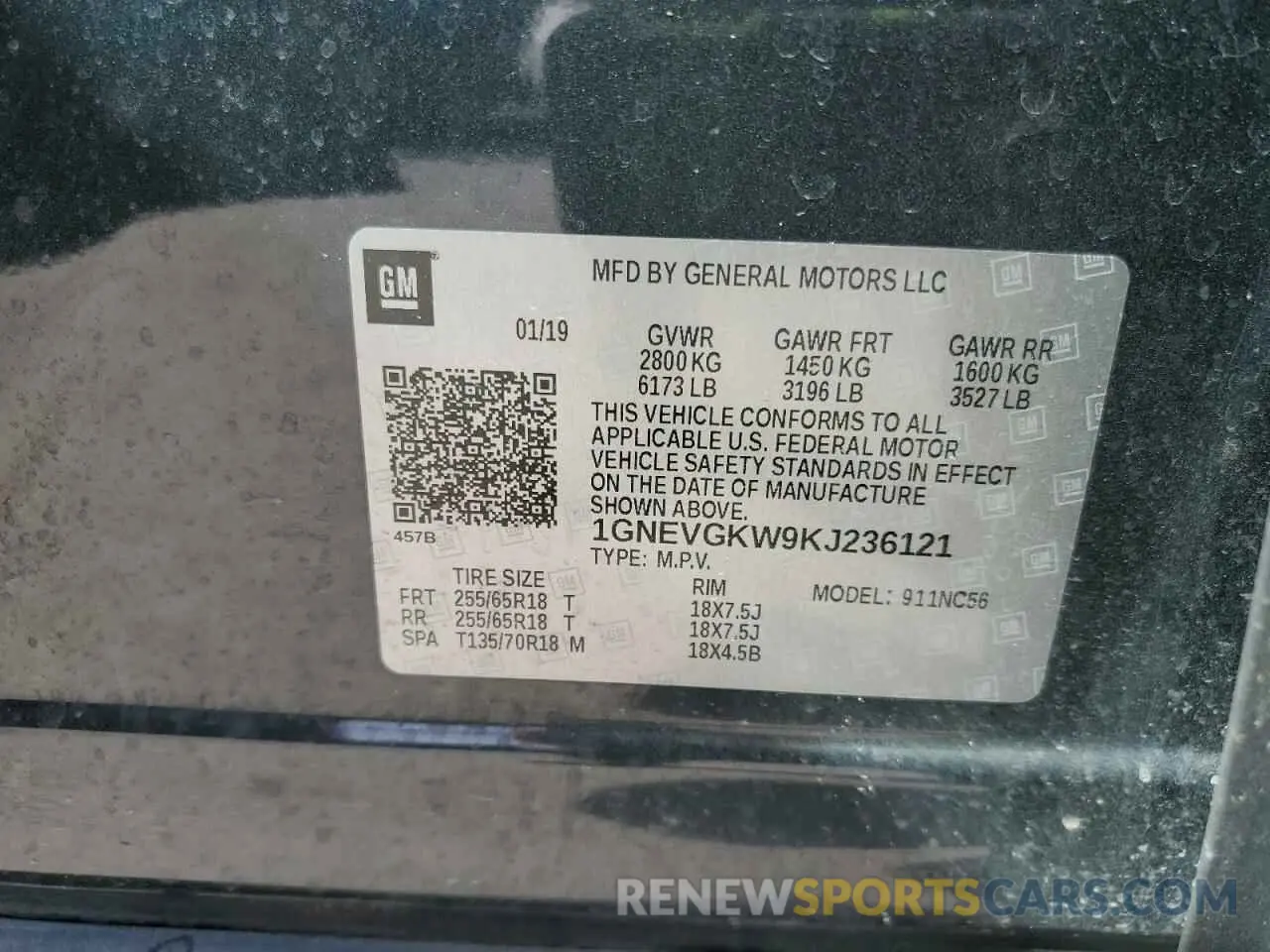 13 Photograph of a damaged car 1GNEVGKW9KJ236121 CHEVROLET TRAVERSE 2019