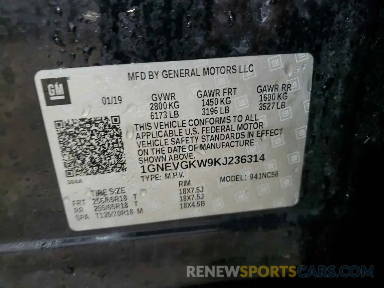 14 Photograph of a damaged car 1GNEVGKW9KJ236314 CHEVROLET TRAVERSE 2019