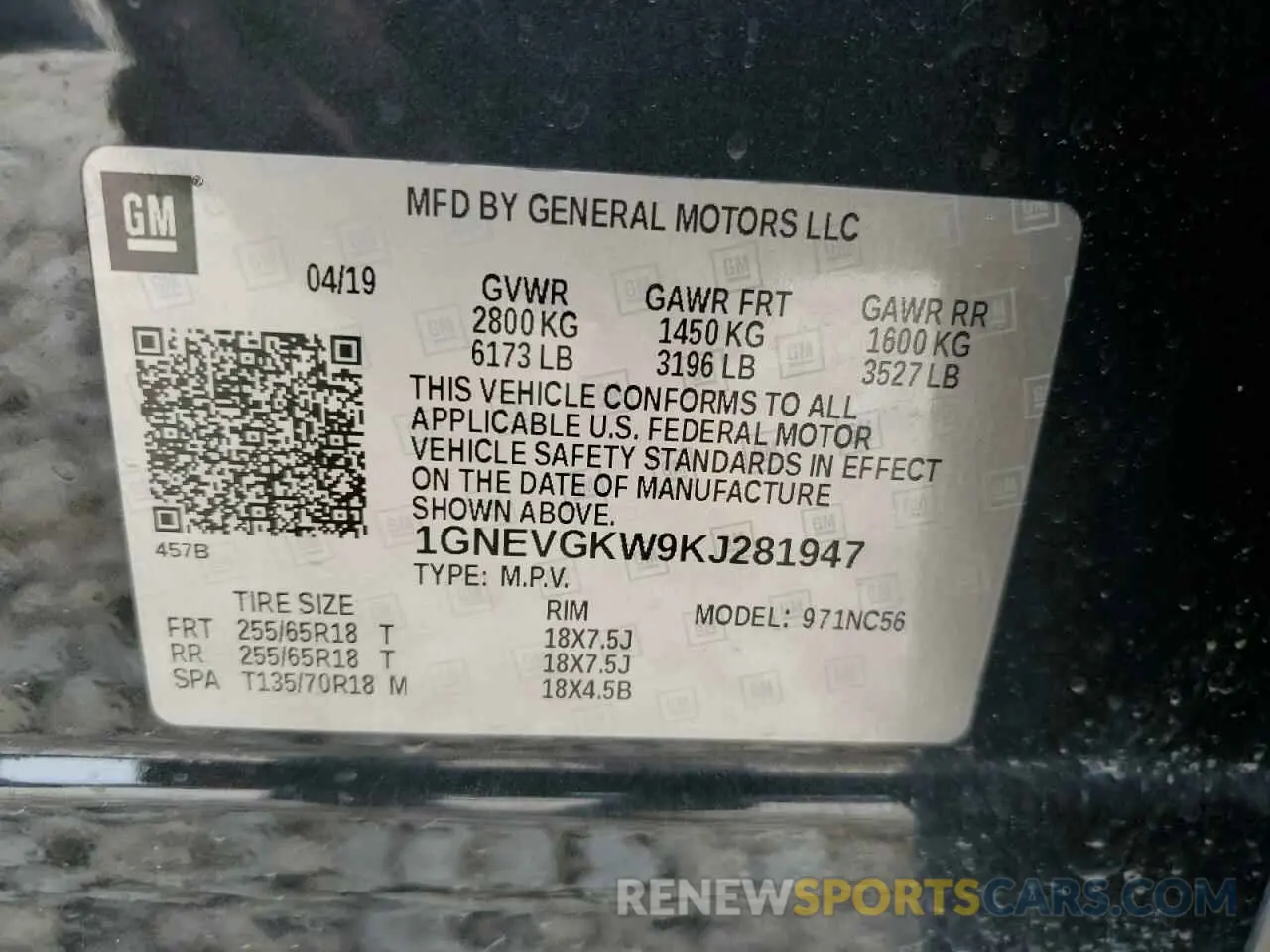 13 Photograph of a damaged car 1GNEVGKW9KJ281947 CHEVROLET TRAVERSE 2019