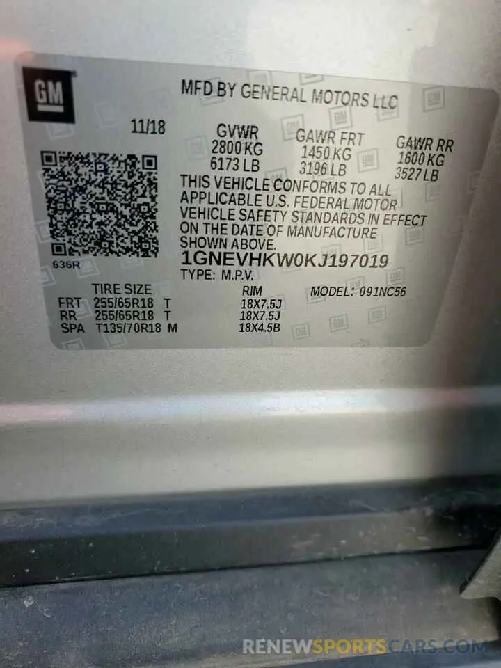 13 Photograph of a damaged car 1GNEVHKW0KJ197019 CHEVROLET TRAVERSE 2019