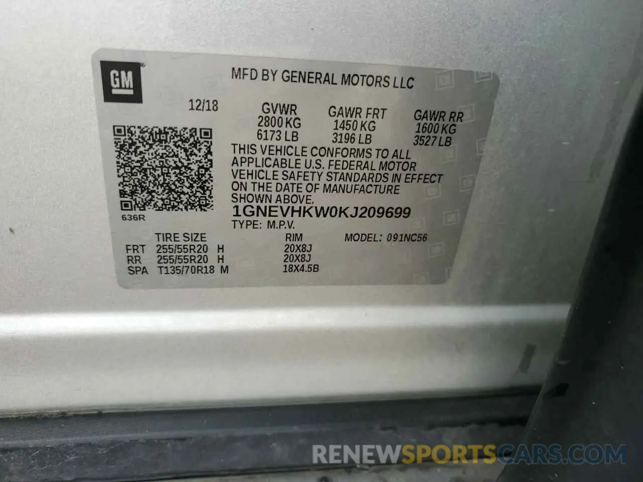 14 Photograph of a damaged car 1GNEVHKW0KJ209699 CHEVROLET TRAVERSE 2019