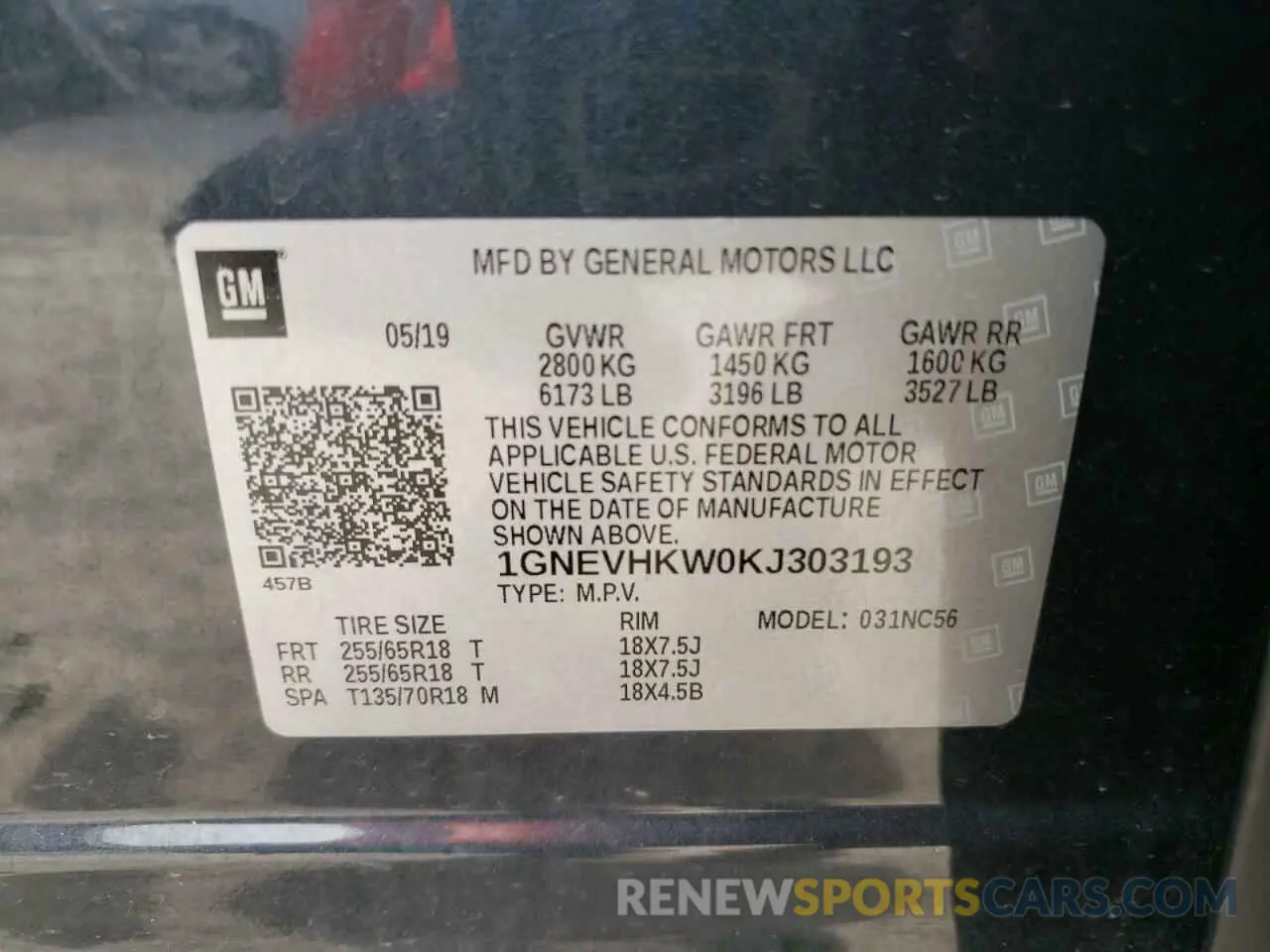 13 Photograph of a damaged car 1GNEVHKW0KJ303193 CHEVROLET TRAVERSE 2019