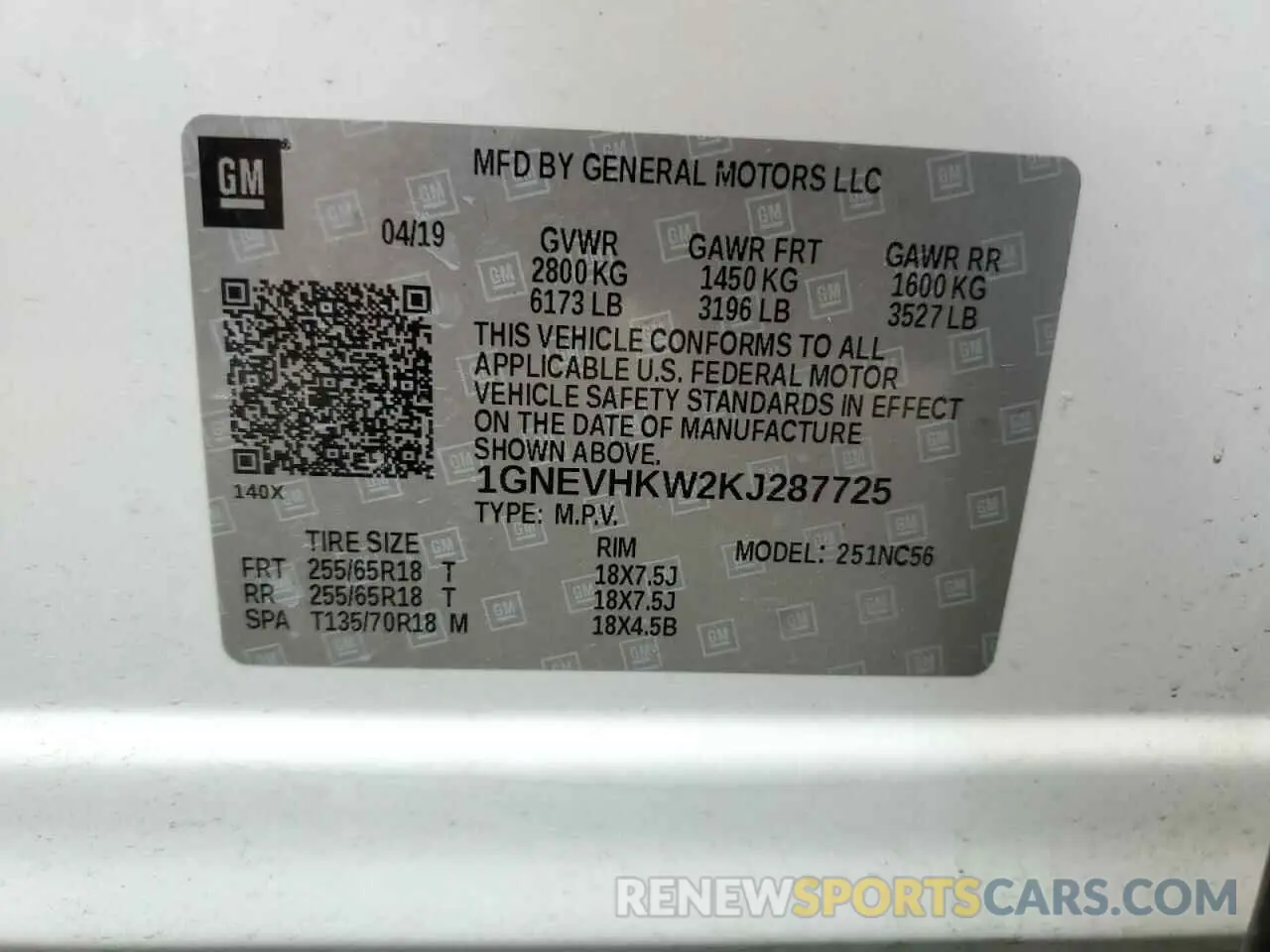 13 Photograph of a damaged car 1GNEVHKW2KJ287725 CHEVROLET TRAVERSE 2019