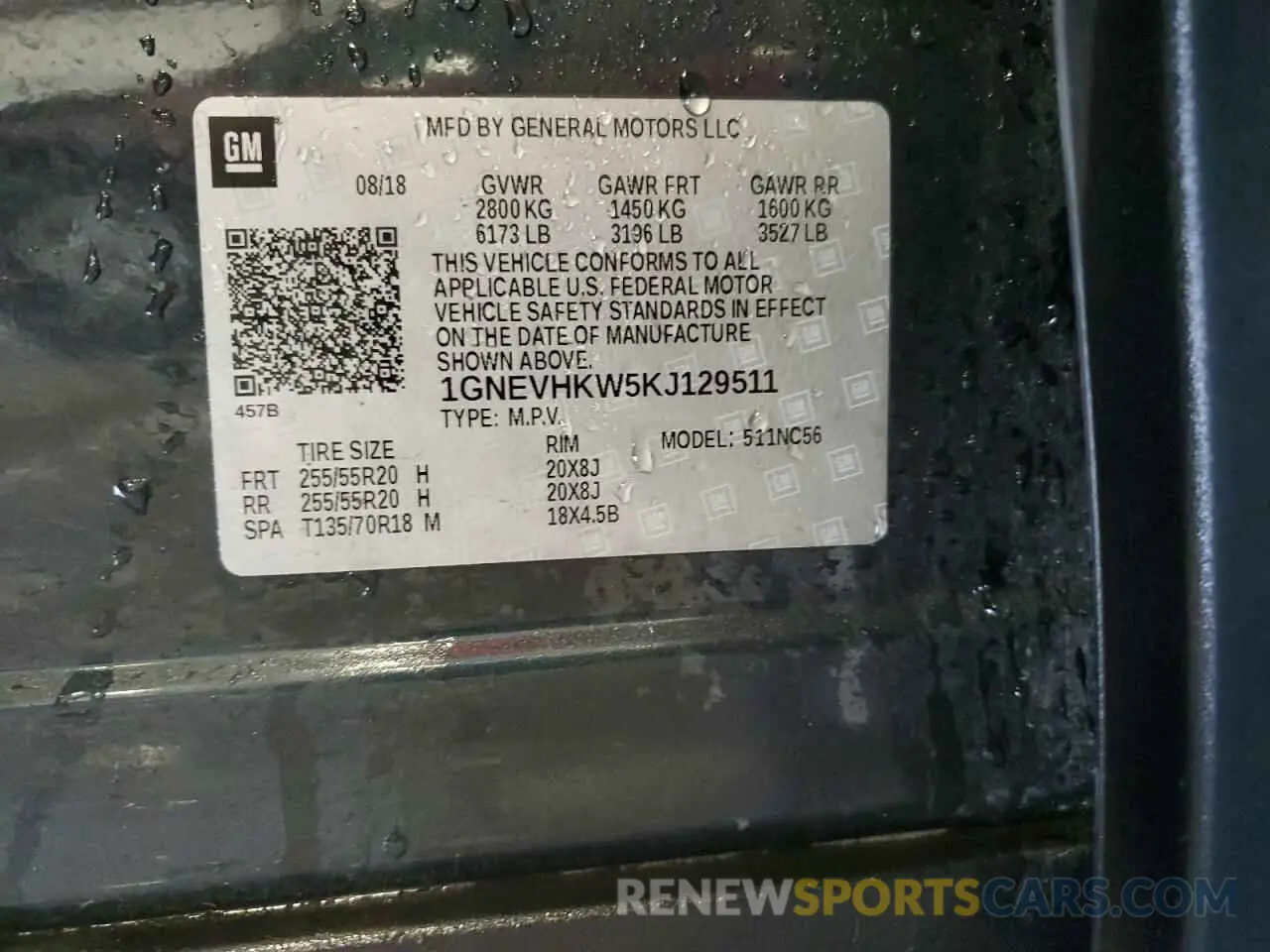 13 Photograph of a damaged car 1GNEVHKW5KJ129511 CHEVROLET TRAVERSE 2019