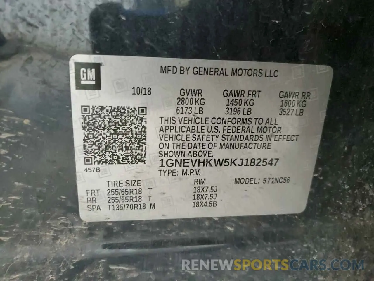 13 Photograph of a damaged car 1GNEVHKW5KJ182547 CHEVROLET TRAVERSE 2019