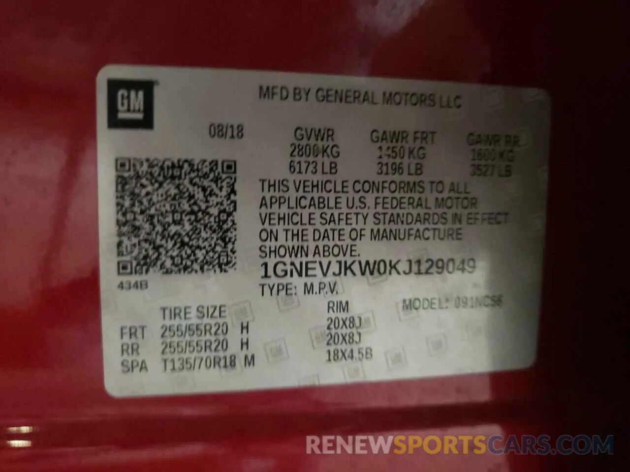 13 Photograph of a damaged car 1GNEVJKW0KJ129049 CHEVROLET TRAVERSE 2019
