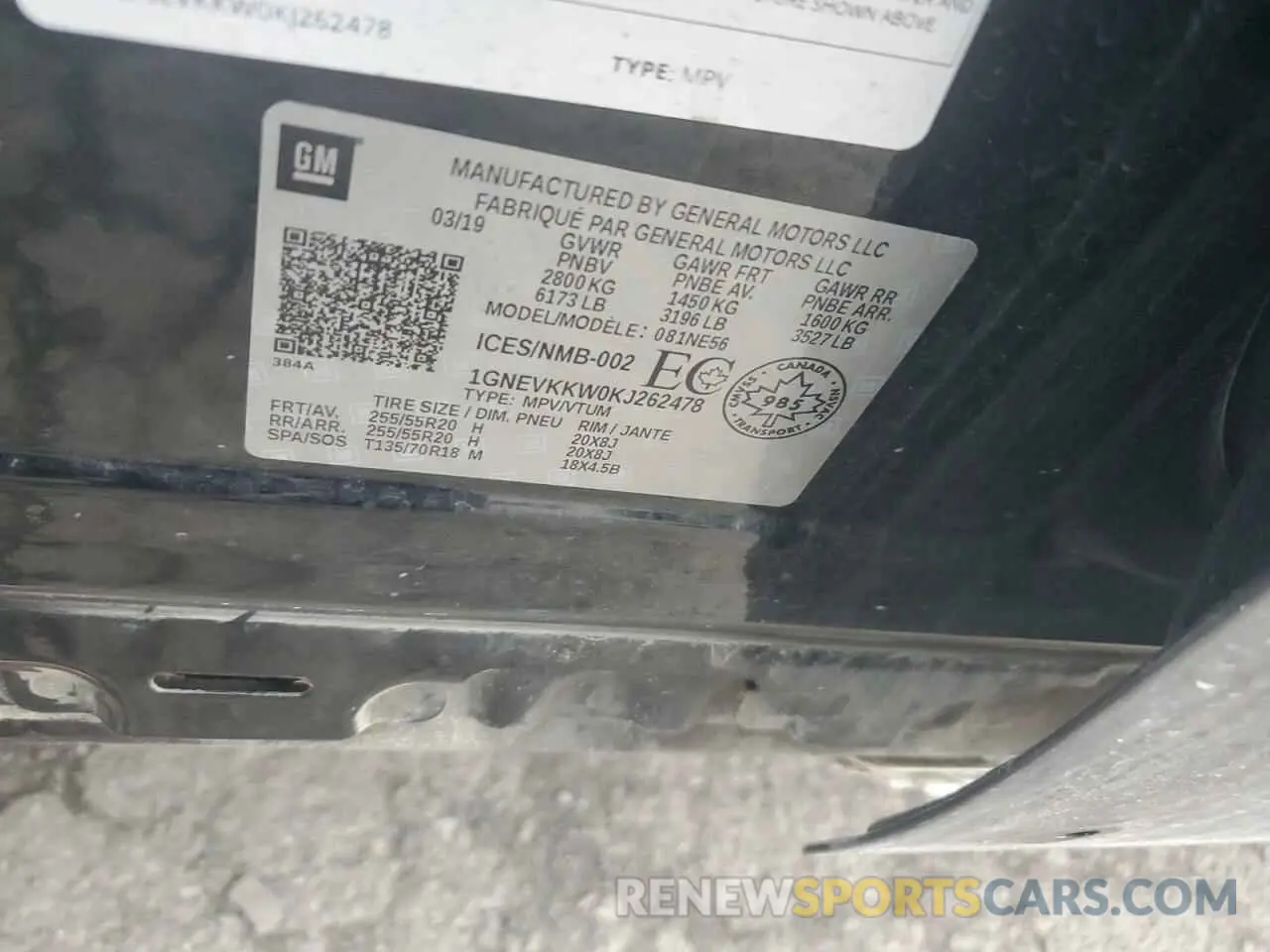 12 Photograph of a damaged car 1GNEVKKW0KJ262478 CHEVROLET TRAVERSE 2019